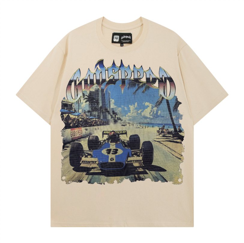 Kaylashop rendy Brand Export God&Speed Skull Letter Pattern Printed Short-Sleeved T-Shirt for Men and Women High Street Hip-Hop Half-Sleeve