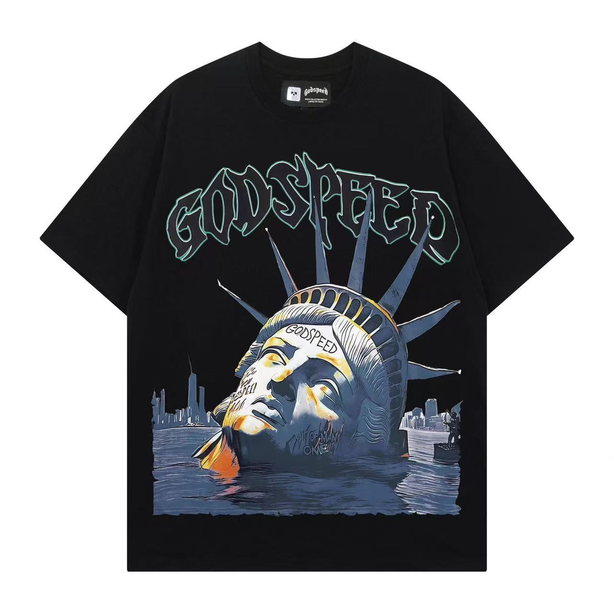 Kaylashop rendy Brand Export God&Speed Skull Letter Pattern Printed Short-Sleeved T-Shirt for Men and Women High Street Hip-Hop Half-Sleeve
