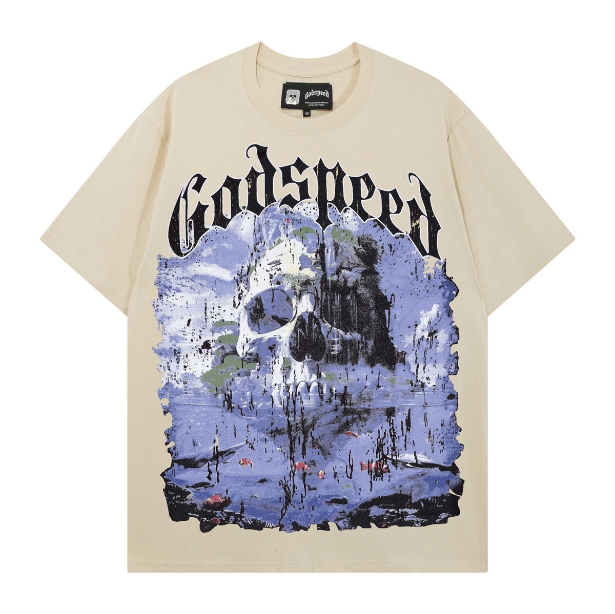 Kaylashop rendy Brand Export God&Speed Skull Letter Pattern Printed Short-Sleeved T-Shirt for Men and Women High Street Hip-Hop Half-Sleeve