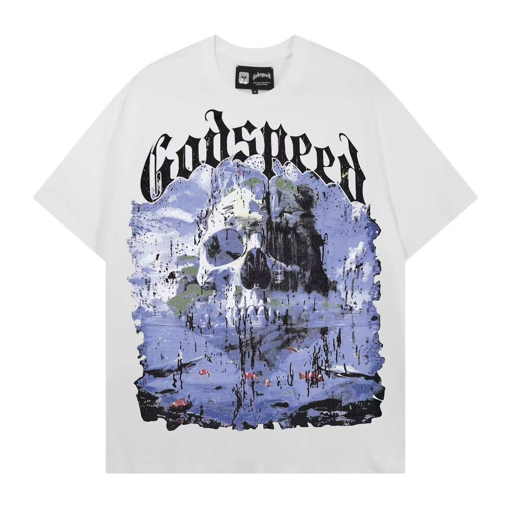 Kaylashop rendy Brand Export God&Speed Skull Letter Pattern Printed Short-Sleeved T-Shirt for Men and Women High Street Hip-Hop Half-Sleeve