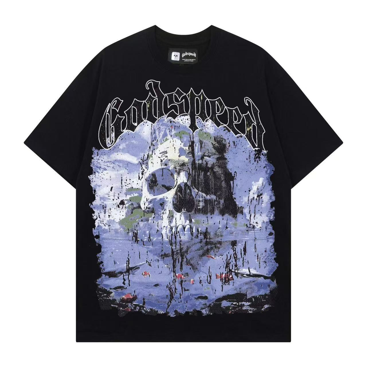 Kaylashop rendy Brand Export God&Speed Skull Letter Pattern Printed Short-Sleeved T-Shirt for Men and Women High Street Hip-Hop Half-Sleeve